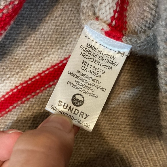 Sundry Oatmeal Rainbow Striped Heart Cozy Merino Wool Oversized Slouchy Sweater - Picture 4 of 6